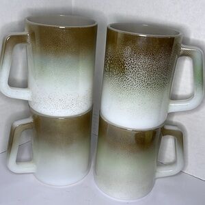 Four MCM Federal Milk Glass Coffee Mugs - Green and Brown Ombre